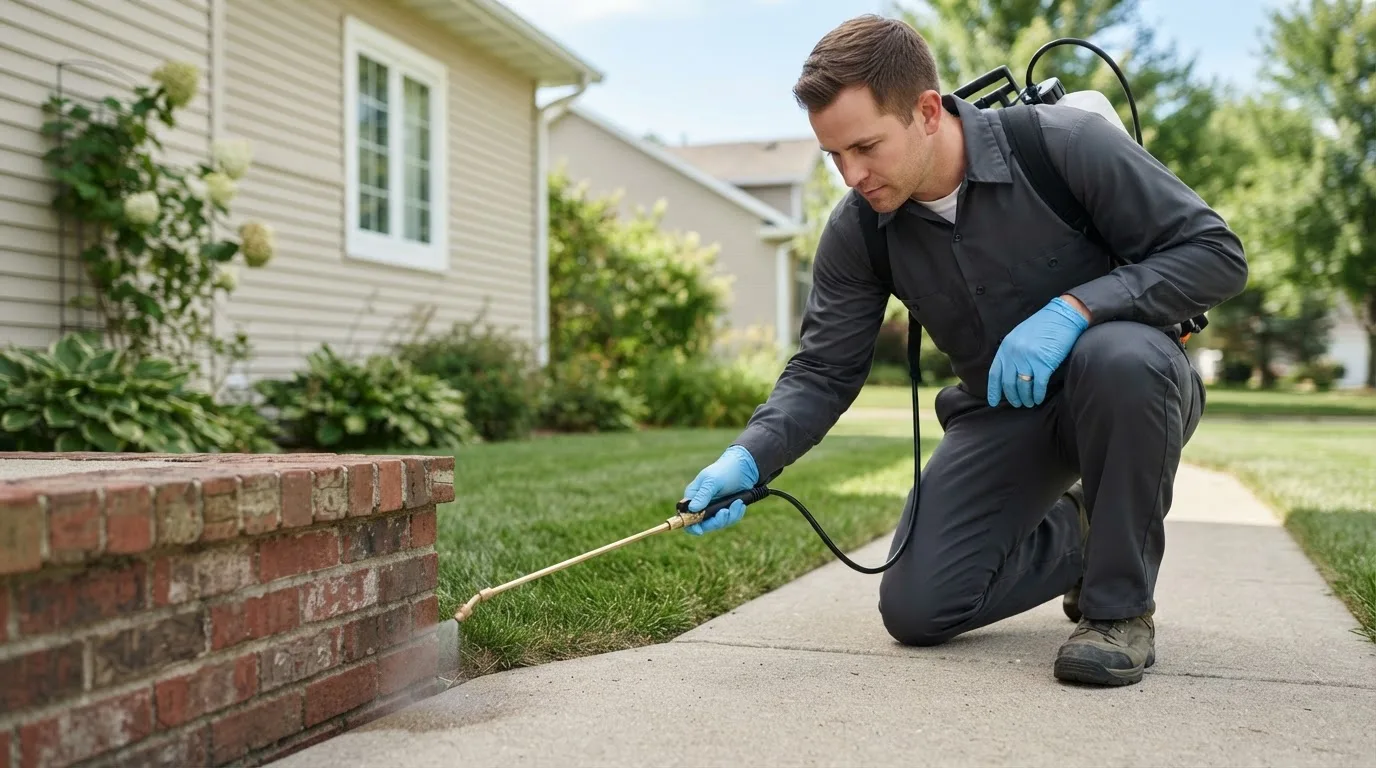 Pest control technician treating a home near Forest City, IL