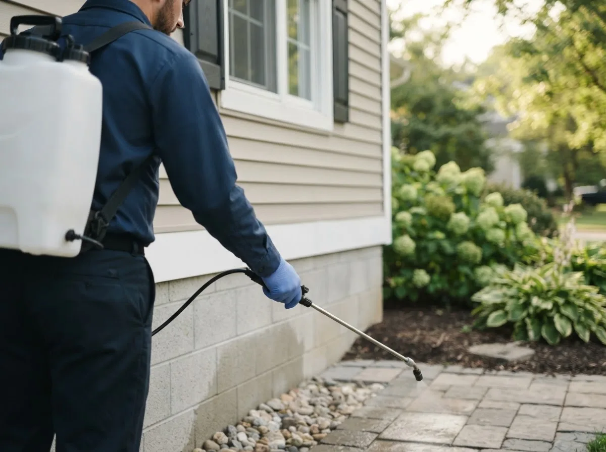 Pest control technician inspecting a home in Forest City, IL